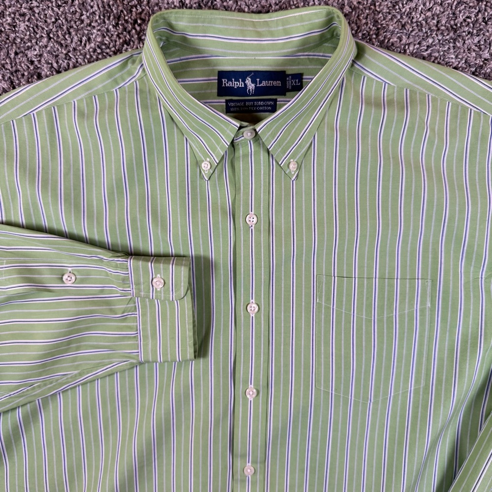 VTG Ralph Lauren Men’s XL Green Blue White Vertical Stripe Button Down Shirt